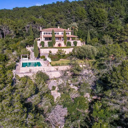 An aerial view of the villa surrounded by trees.