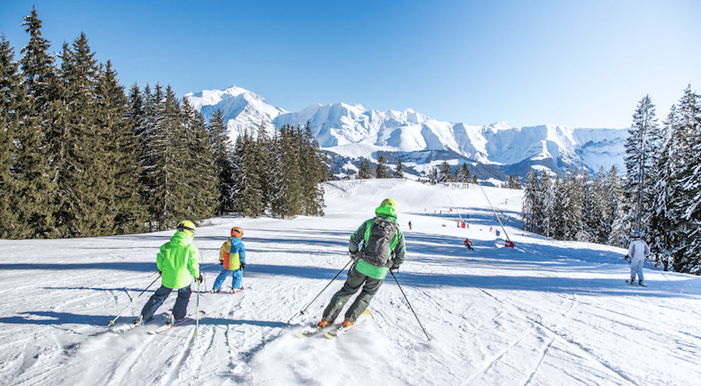 Three skiers dressed in colorful gear are skiing down a snowy slope lined with evergreen trees, with snow-covered mountains in the background under a clear blue sky.