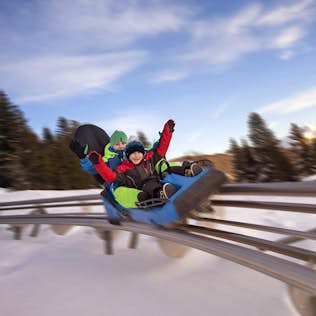 Two people, an adult and a child, joyfully sledding down a mountain coaster track surrounded by snowy scenery.
