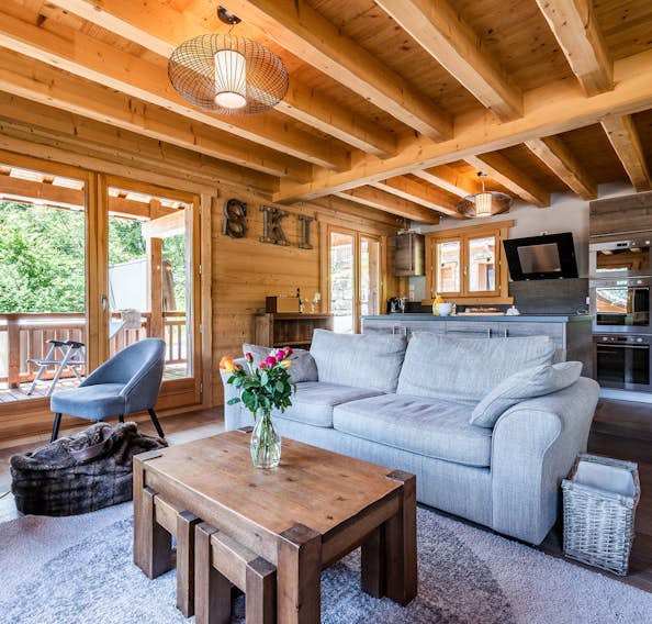 Morzine accommodation - Chalet Balata - Spacious living room mountain views luxury eco-friendly chalet Balata Morzine