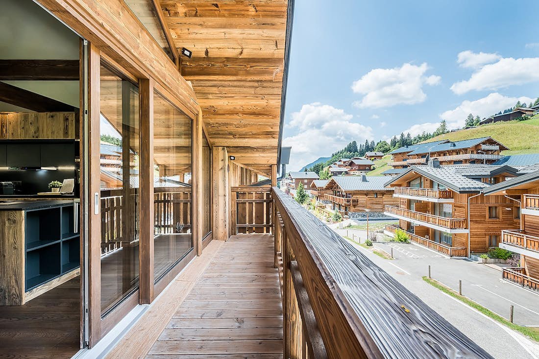 Les Gets accommodation - Chalet Moulin I - Wooden terrace with views over Les Gets at family chalet Moulin 1 at Les Gets