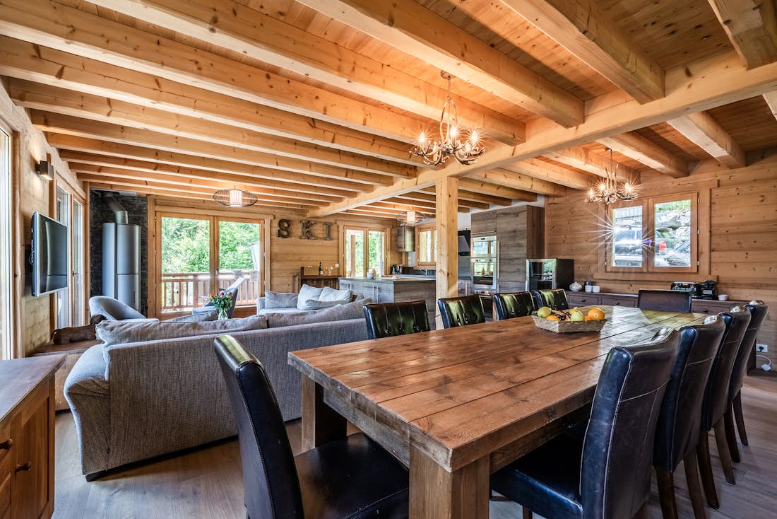 Morzine accommodation - Chalet Balata - Contemporary living room with open dining room in luxury eco-friendly chalet Balata Morzine