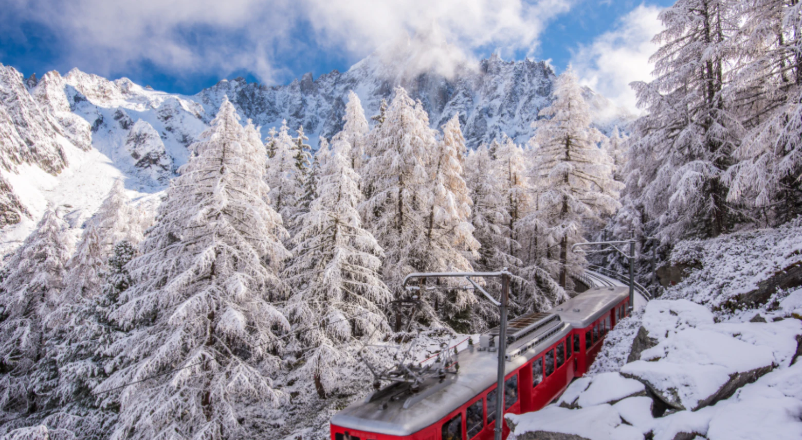 French Ski Resorts Near Geneva | Emerald Stay A bright red train on tracks surrounded by snow covered pine trees and mountain peaks