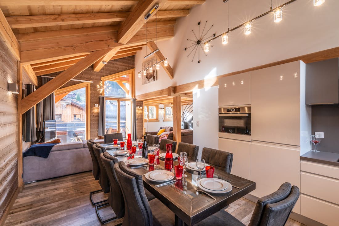 Contemporary dining room open kitchen luxury eco-friendly apartment Etoile Morzine