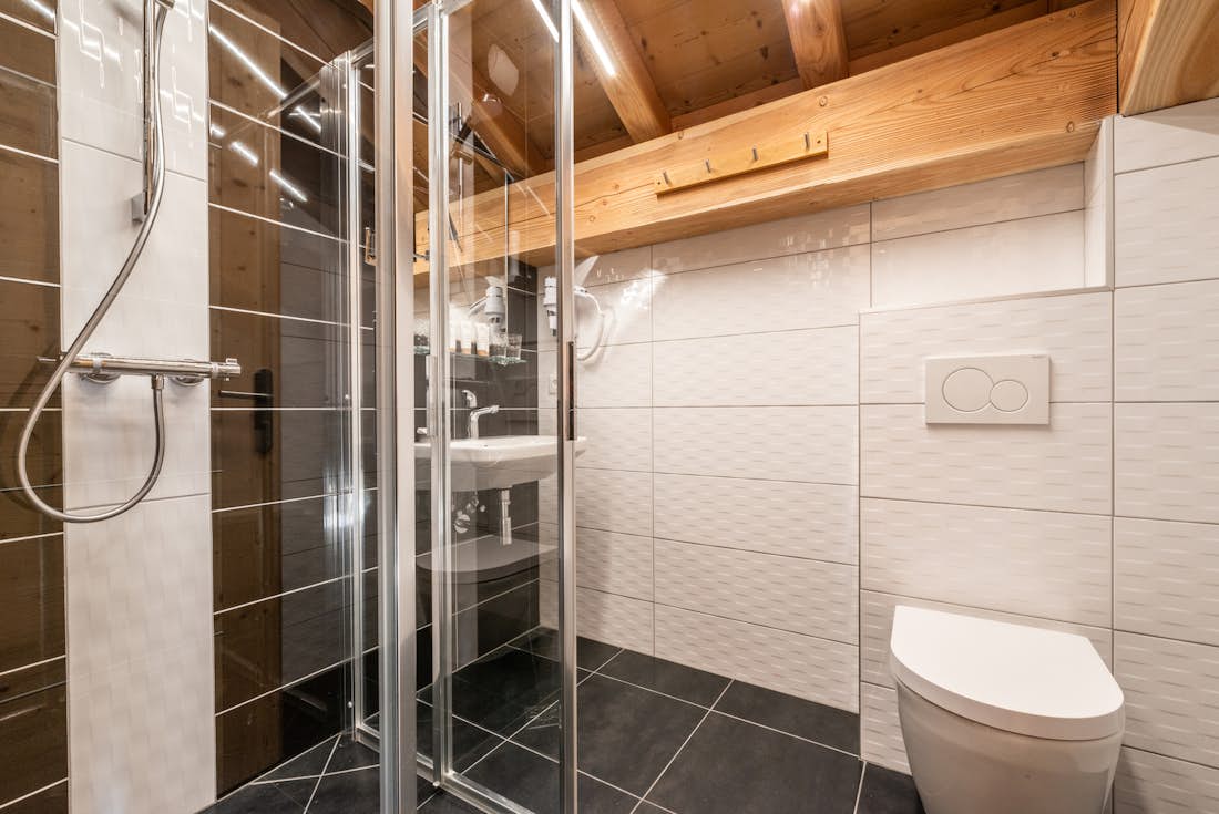 Modern bathroom walk-in shower eco-friendly toiletries family apartment Etoile Morzine