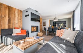 Spacious living room fireplace luxury ski Chalet Ravanel Chamonix