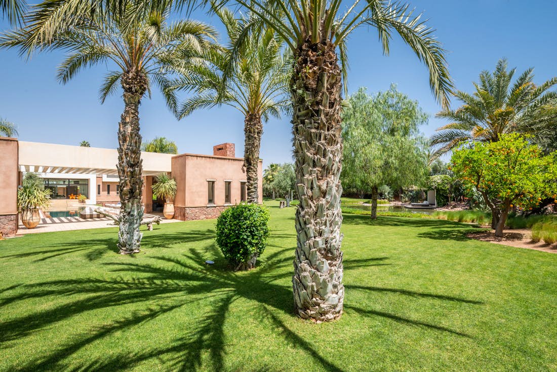 Private garden with palm trees and outdoor living room at Zagora private villa in Marrakech