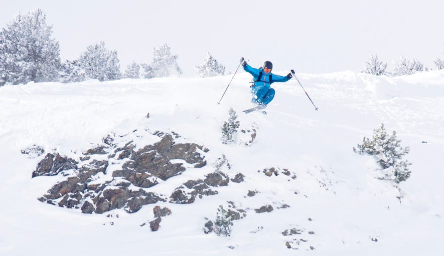 A skier in blue jumps over a rocky patch on a snowy slope, amid a woodland landscape covered in snow.