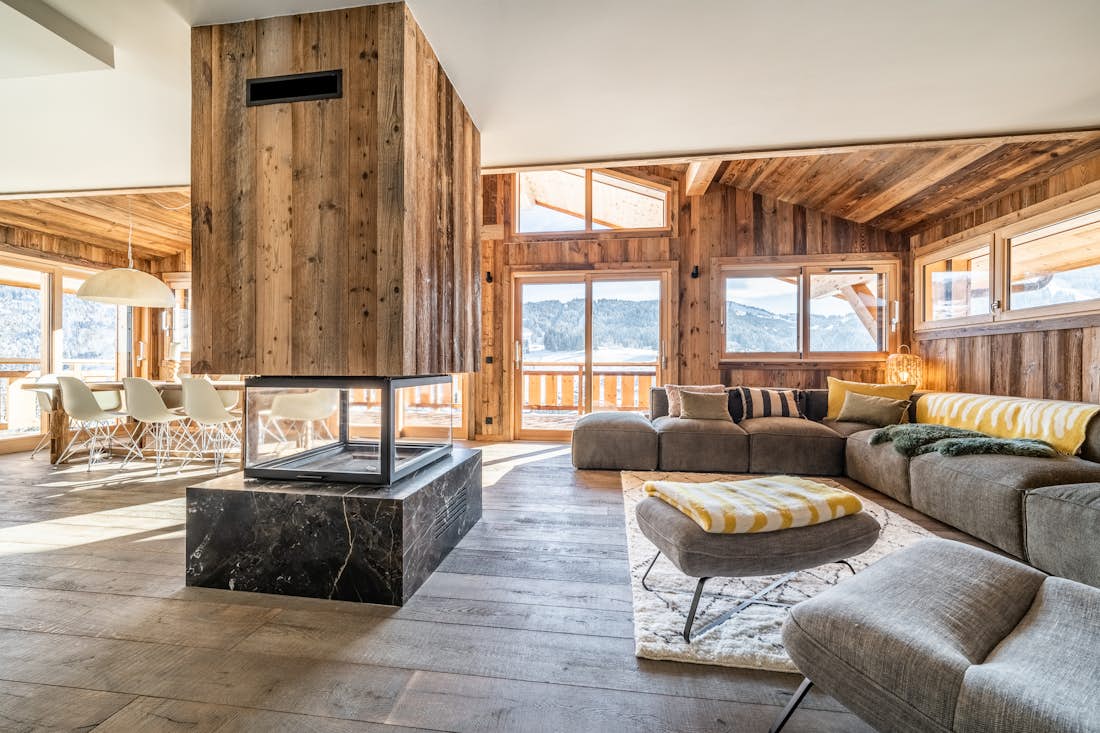 Spacious alpine living room mountain views chalet Floquet de Neu Les Gets