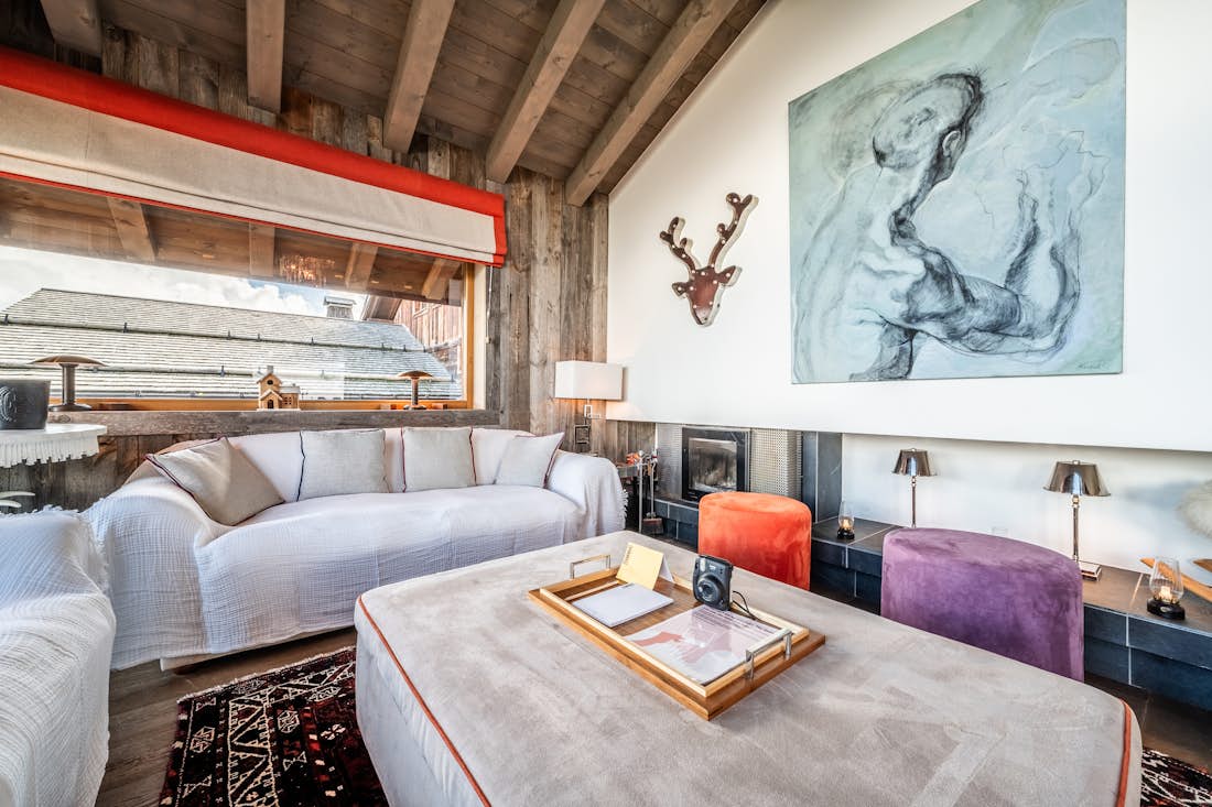 Combloux location - Chalet Purdey - Salon confortable dans le appartement Cortirion vues sur la montagne à Megève