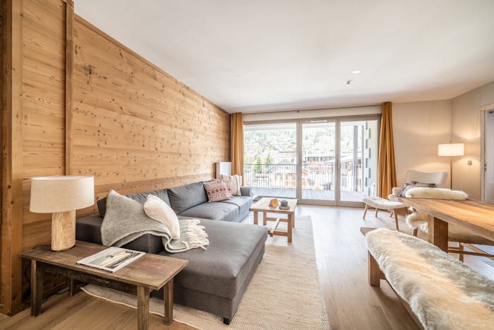 Spacieux salon élégant appartement luxe ski Kabano Chamonix