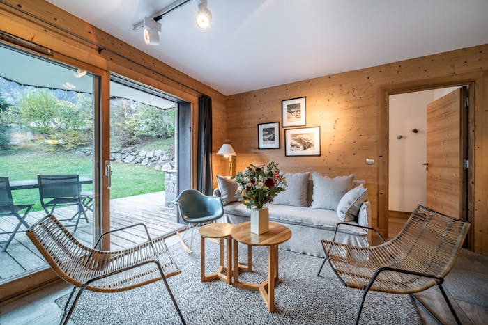 Salon élégant confortable appartement de luxe terrasse privée  Valvisons Les Houches
