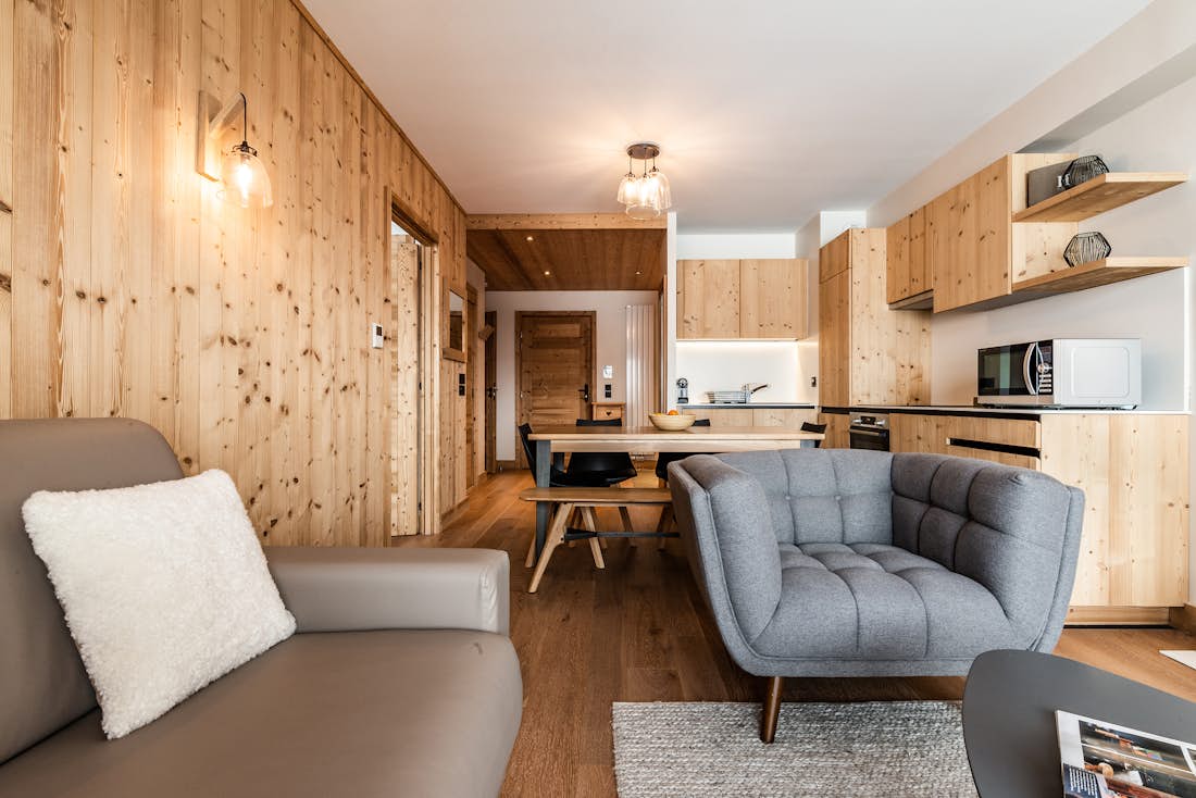 Modern living room luxury ski in ski out apartment Thuja Alpe d'Huez