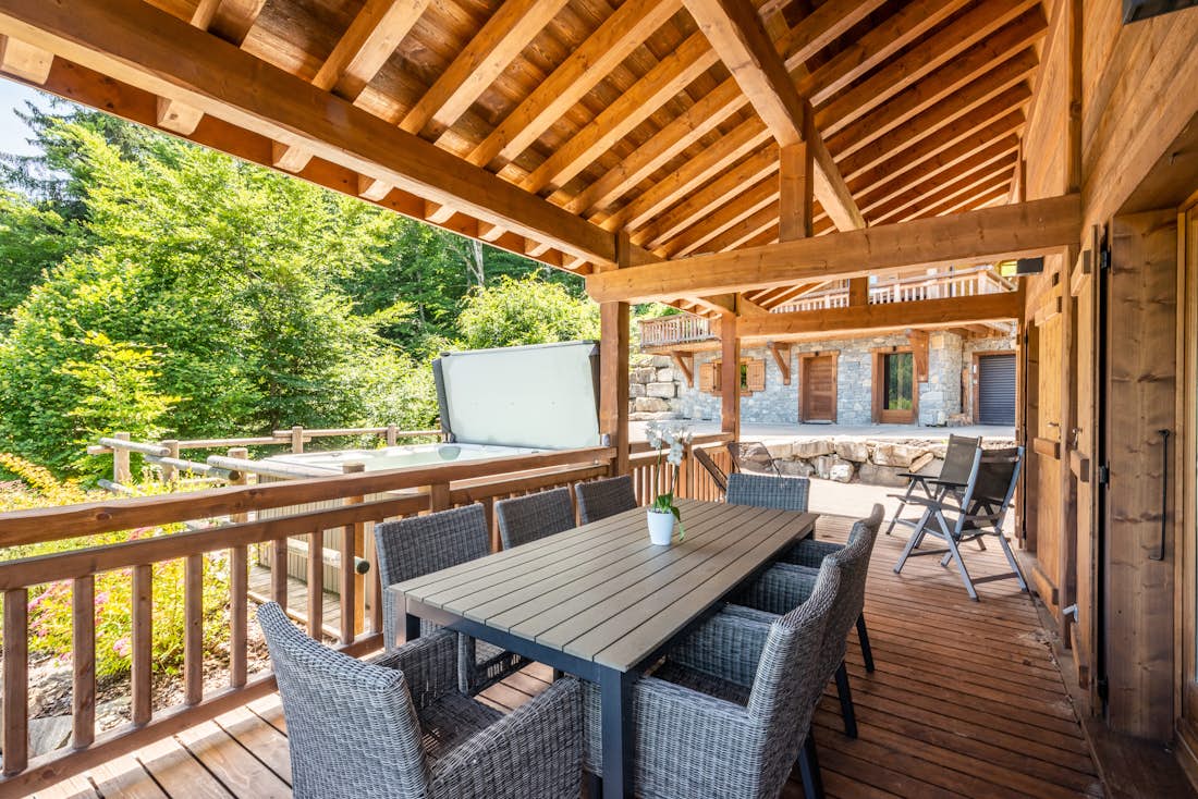 Morzine accommodation - Chalet Balata - Outdoor mountain views with terrace and hot tub at chalet Balata in Morzine