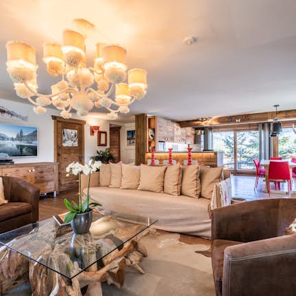 Alpine living room luxury ski in ski out apartment Moabi Courchevel Le Praz