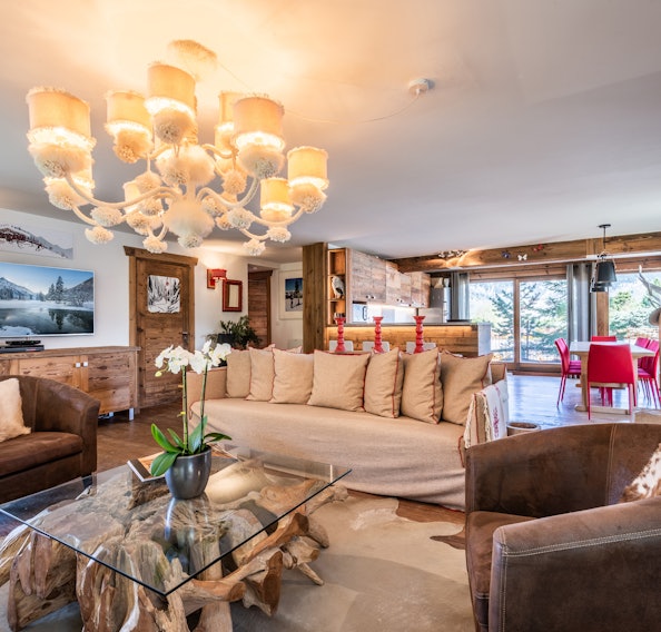 Alpine living room luxury ski in ski out apartment Moabi Courchevel Le Praz