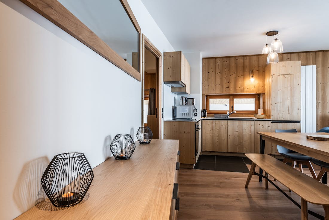 Spacious dining room kitchen luxury ski in ski out apartment Sorbus Alpe d'Huez