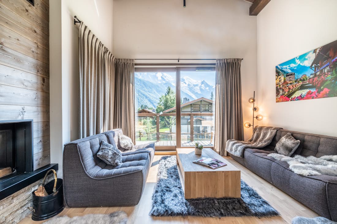 Alpine living room fireplace luxury family chalet Jatoba Chamonix