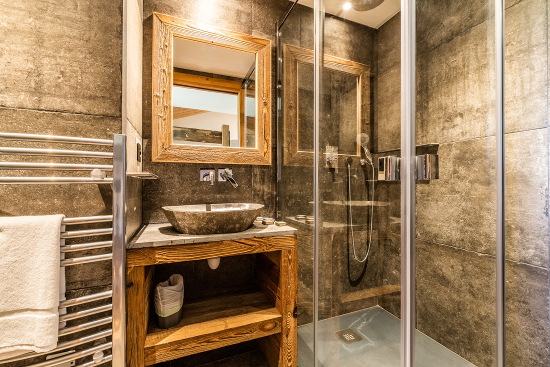 Modern bathroom walk-in shower ski apartment Tahoe Les Gets