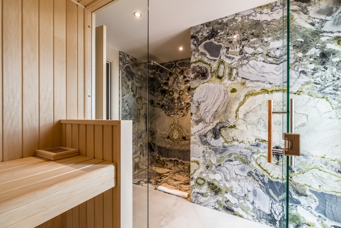 Sauna shower room natural stone hotel services chalet Nelcôte Morzine