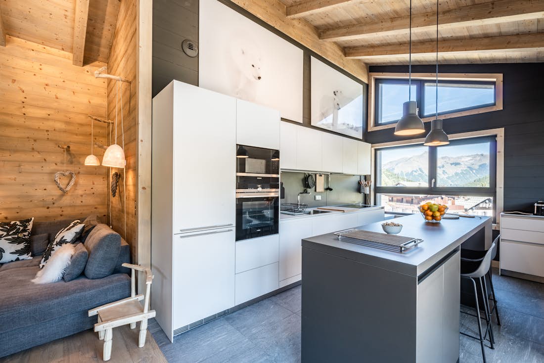 Comtemporary designed kitchen ski in ski out apartment Merbau Les Gets
