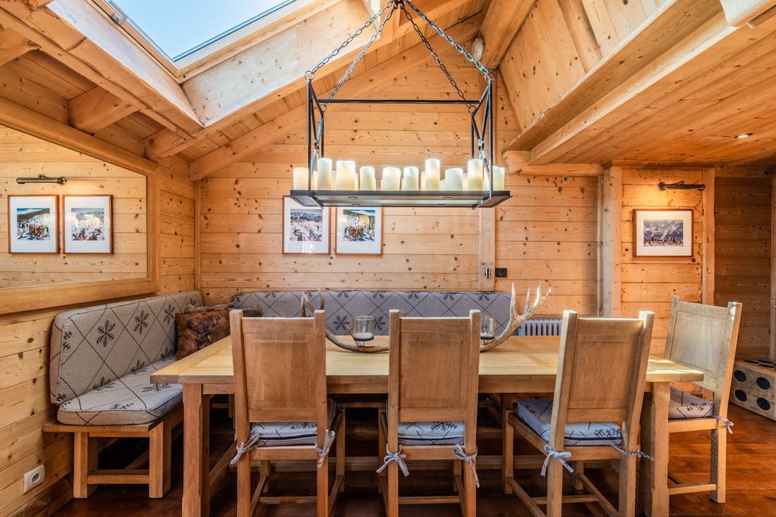 Wooden-style open plan dining room family apartment Garapa Morzine