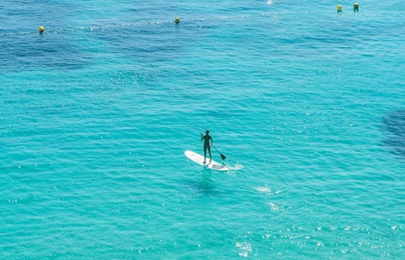 A person is on a surfboard in the water