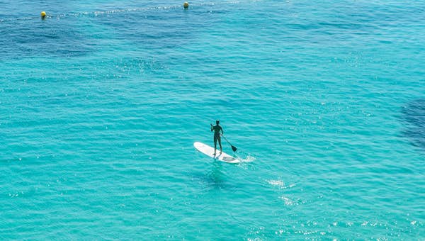 A person is on a surfboard in the water