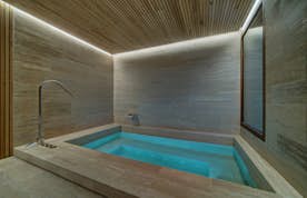 Baqueira Beret alojamiento - Chalet Enza - A spa with wooden walls and a hot tub.