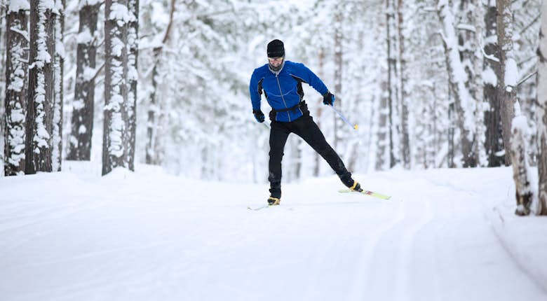 A person cross-country skiing on a snowy track through a dense pine forest. they are wearing a blue jacket and black pants.