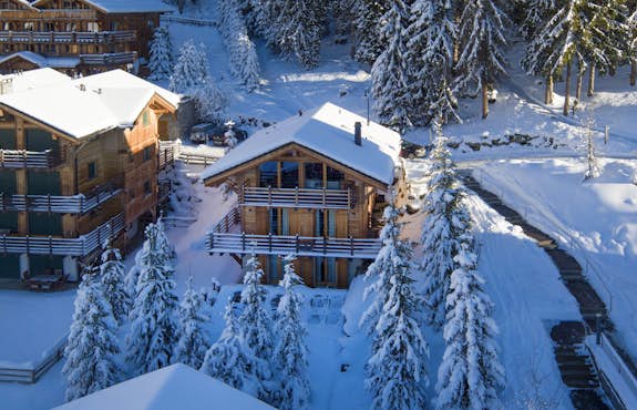 An aerial view of a ski chalet in the snow.