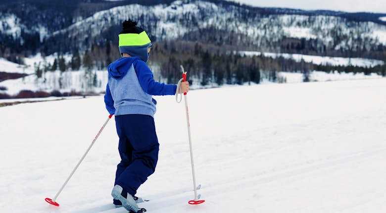 A person in winter clothing cross-country skiing on a snowy landscape with a forested mountain in the background.
