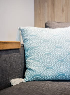 Blue white pillow eco friendly ski apartment Karri Morzine