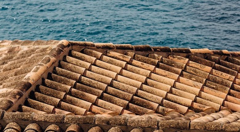 Overhead view of a terracotta tiled roof with the ocean in the background.