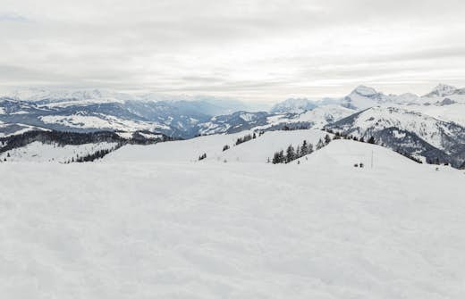 Snow-covered mountains under a cloudy sky, with distant peaks and scattered trees on the slopes.