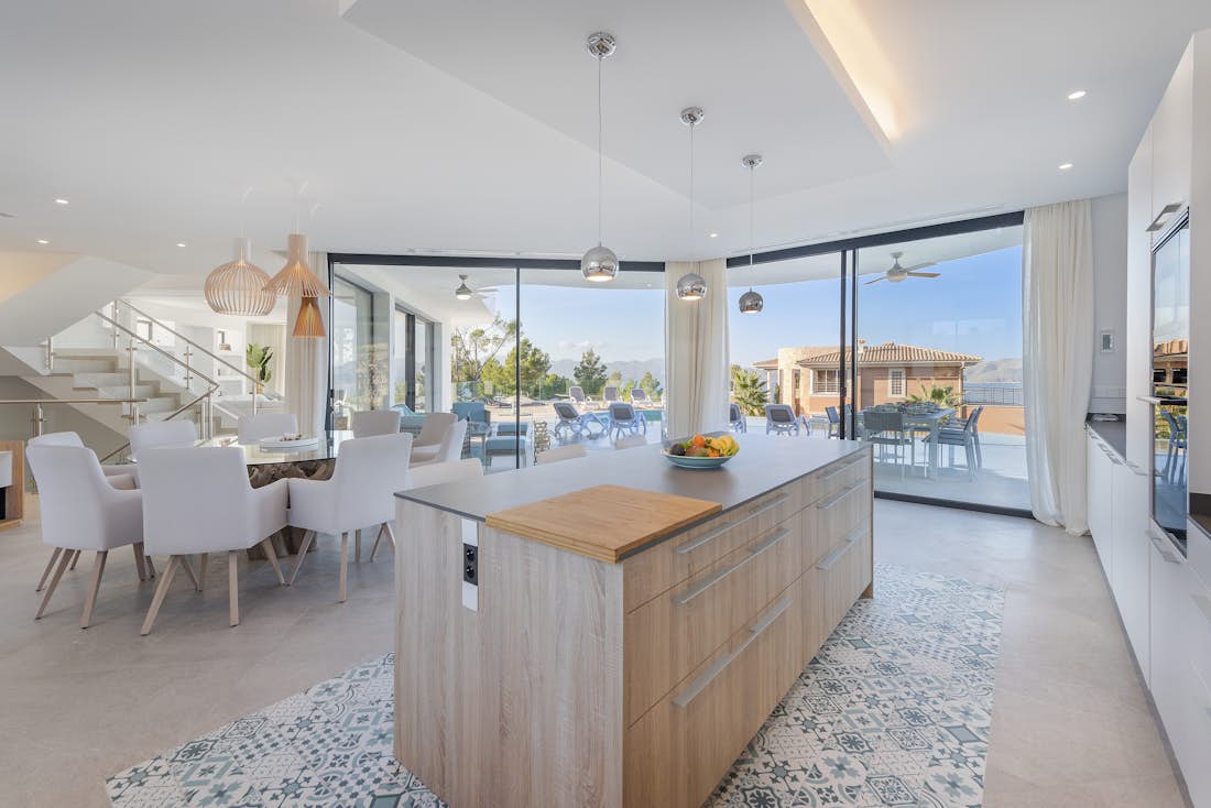 Mallorca accommodation - Villa Arc en ciel  - Contemporary designed kitchen with sea view in villa Arc en ciel in Mallorca