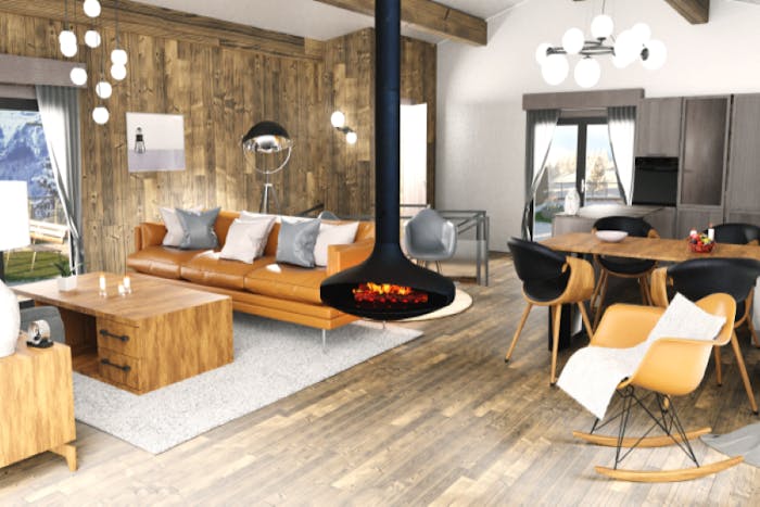 Wooden living room fireplace Les Mazots de Kayla Chamonix