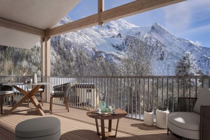 Spacious balcony Mont Blanc views White Pearl building Chamonix
