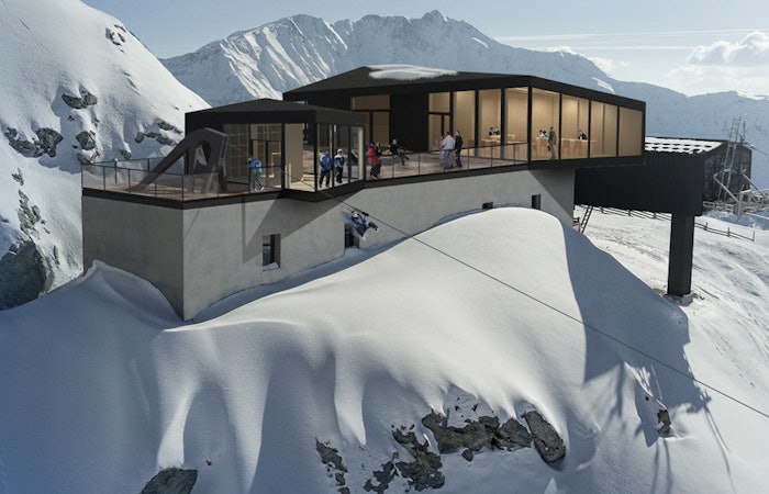Zipline in ski resort covered with snow in Les Arcs 