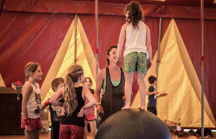 Children learning circus stints in the resort of Les Arcs