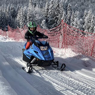 A person wearing a green helmet rides a blue snowmobile on a snowy trail surrounded by dense snow-covered trees and red safety netting.