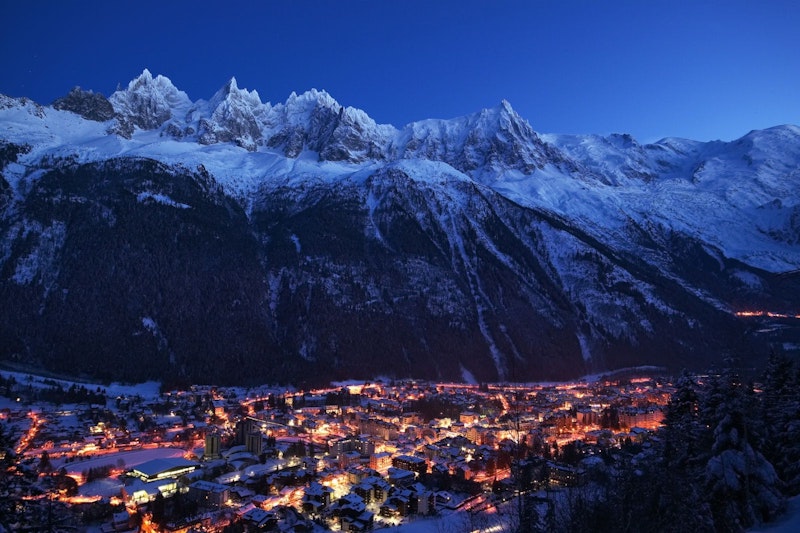 Chamonix, best ski resort in France, during a winter night